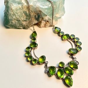 Stunning Vintage Silver and Peridot Colored Glass Yoke Style Necklace